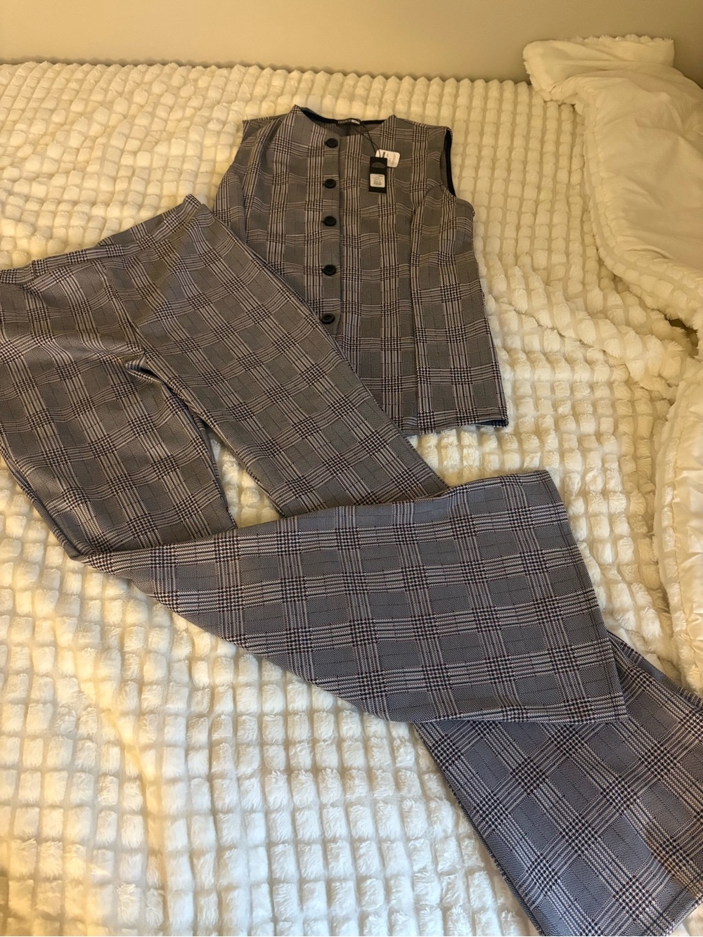Fashion Nova Gray Plaid Sleeveless Vest & Wide-Leg Pants Set